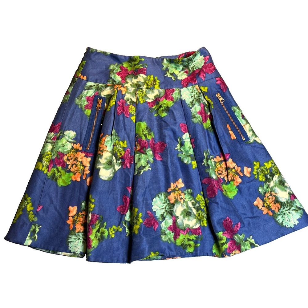 Maeve Floral Mini Skirt Womens Blue Excellent Pleated Zipper Pockets Size 4